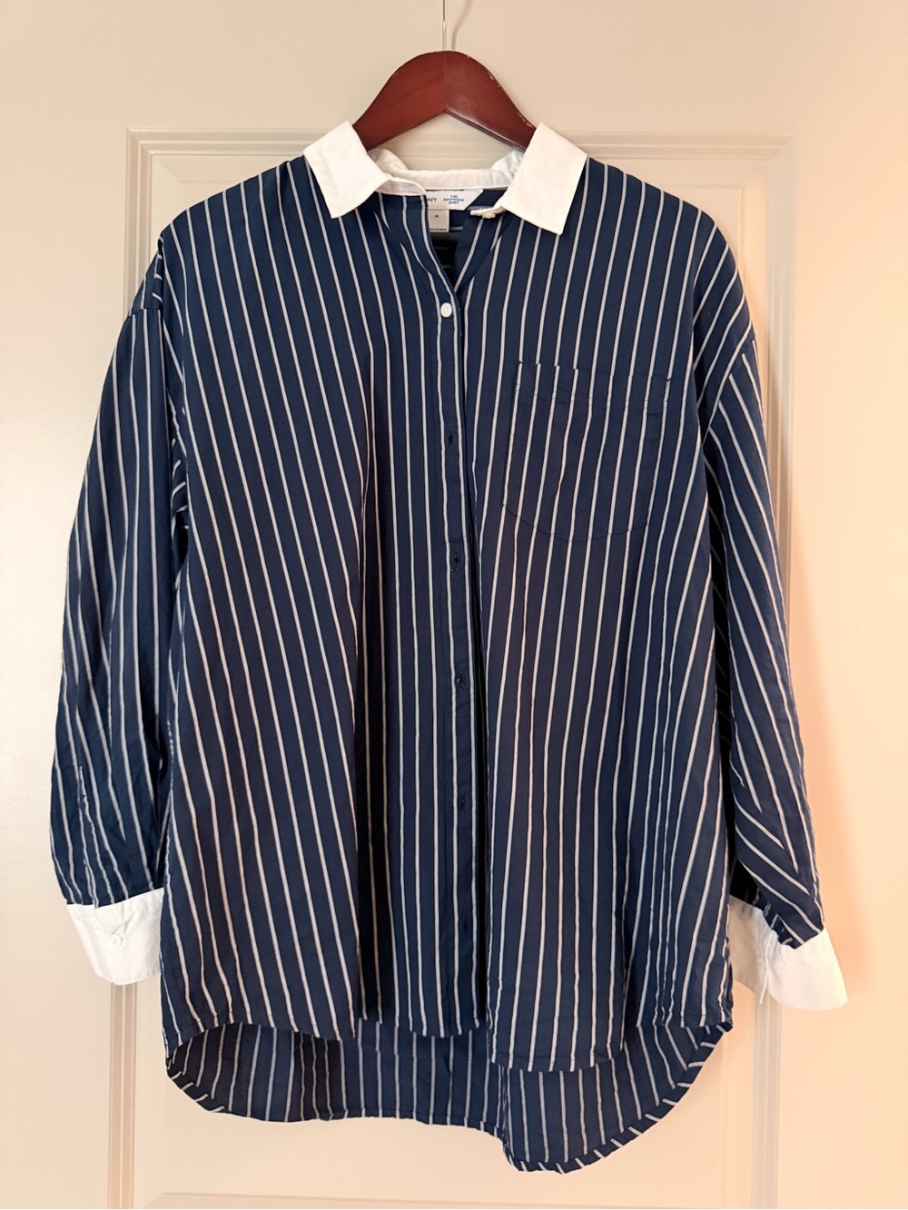 OLD NAVY - women’s Navy Blue Stripe Button-Down Shirt with White Collar